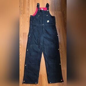 Carhartt 2015 Bib Overalls 36x32 Black Duck Canvas, RED Quilt Lined Work R38 BLK